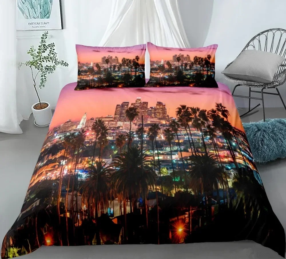 Home Textiles New York - ชุดเครื่องนอนลายวิวกลางคืนเมืองนิวยอร์กแบบพิมพ์ 3 มิติ ขนาดควีนไซส์และคิงไซส์ พร้อมปลอกผ้านวมและปลอกหมอน ผ้าเนื้อนุ่มสำหรับใช้ในบ้าน