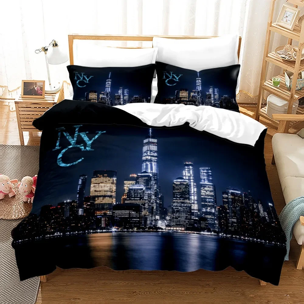 Home Textiles New York - ชุดเครื่องนอนลายวิวกลางคืนเมืองนิวยอร์ก ขนาดควีนไซส์/คิงไซส์ ผ้าห่มนวม/ปลอกผ้านวม ปลอกหมอน ชุดผ้าปูที่นอนเนื้อนุ่ม สำหรับใช้ในบ้าน