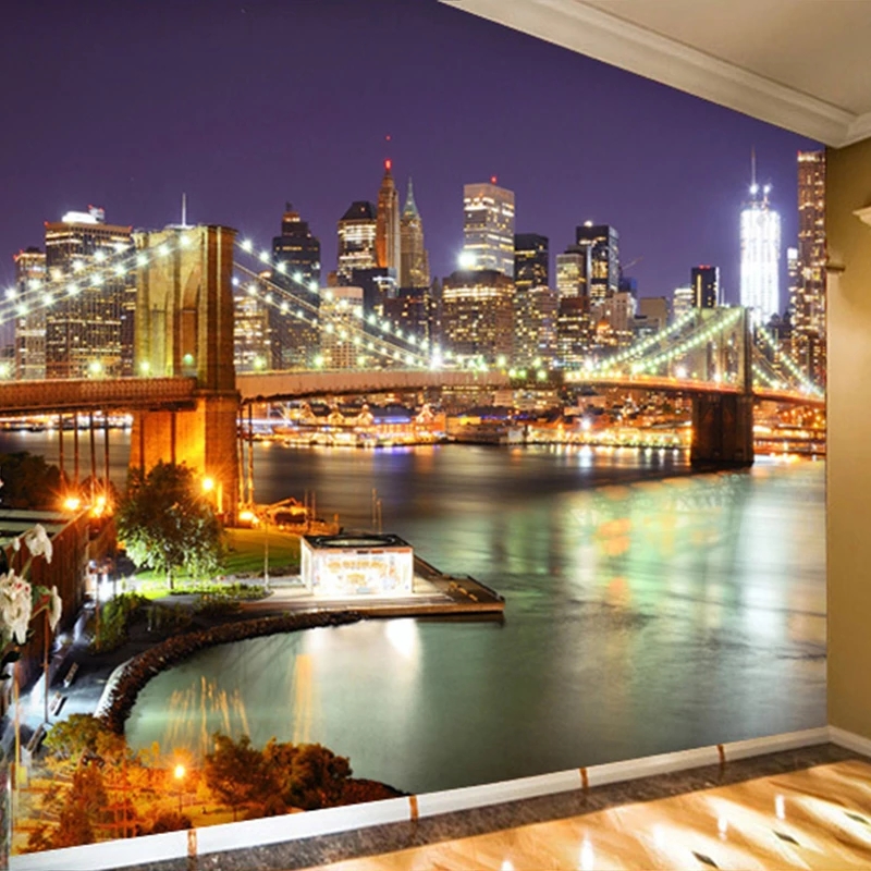 Home Textiles New York - ภาพจิตรกรรมฝาผนัง 3D แบบปรับแต่งได้ ทิวทัศน์เมืองนิวยอร์คยามค่ำคืน วอลเปเปอร์ตกแต่งห้องนอนสไตล์โมเดิร์น ตกแต่งผนังห้องนั่งเล่น